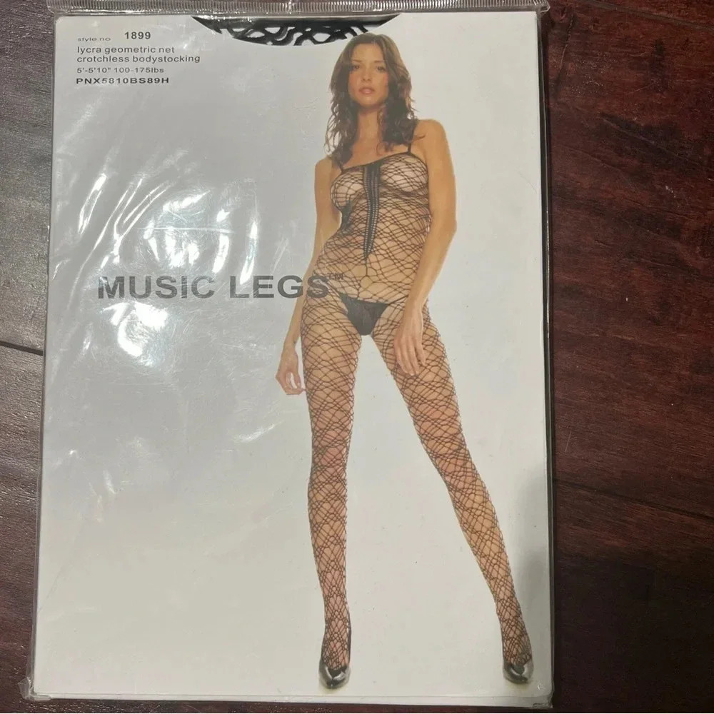 Music Legs Lycra Geometric Net Bodystocking Crotchless Lingerie Black NIB New